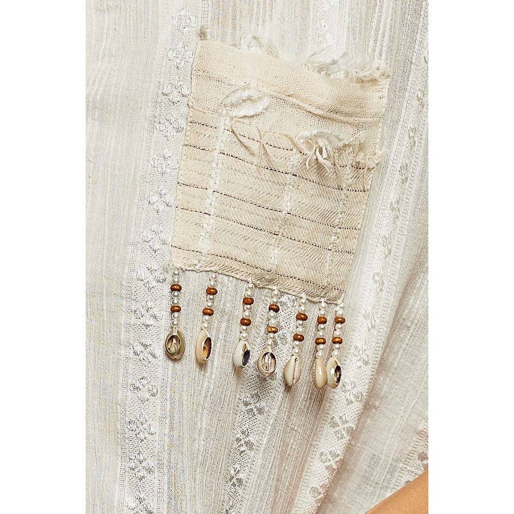 POL Bohemian Wide Leg Cotton Pants Pearl Shell Trim Cream Textured Relaxed NEW L - Picture 7 of 7